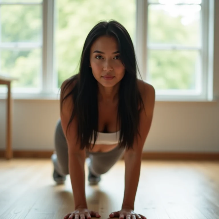 Mulher asiático-brasileira fazendo flexão de braço adaptada para iniciantes