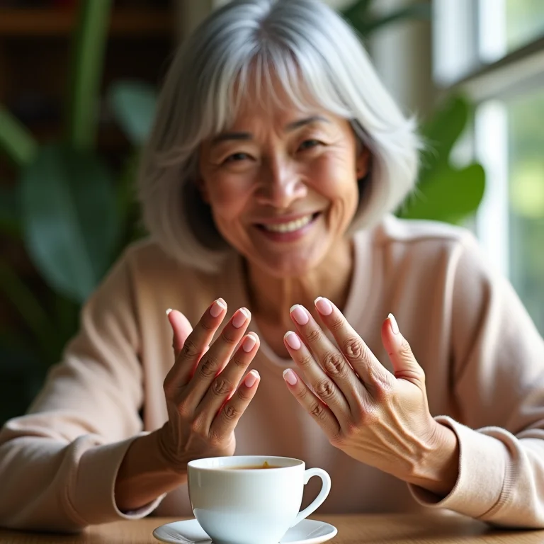 Mulher asiático-brasileira madura com unhas amendoadas minimalistas