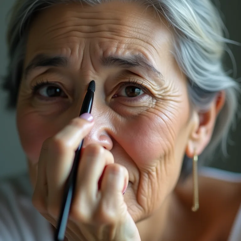 Mulher asiático-brasileira madura delineando os olhos para um olhar marcante
