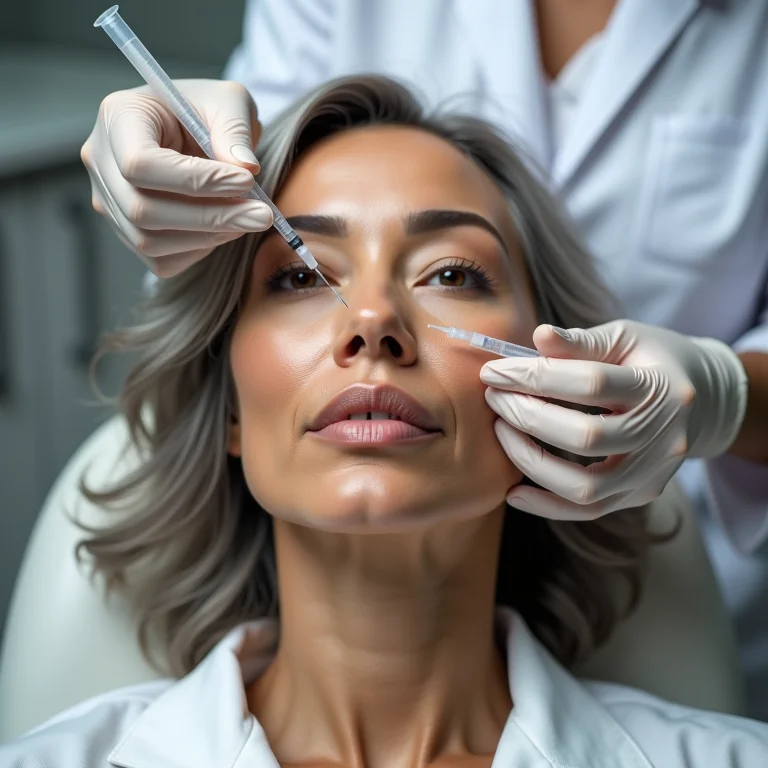 Mulher asiático-brasileira madura recebendo aplicação de botox