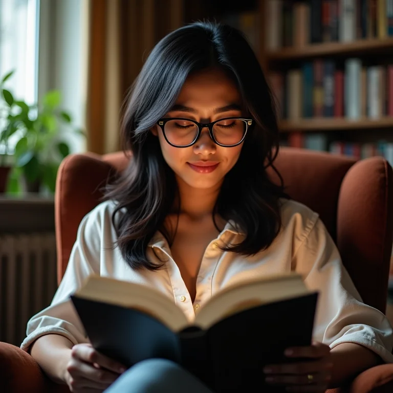 Mulher asiático-brasileira olhando livro com capa chamativa.