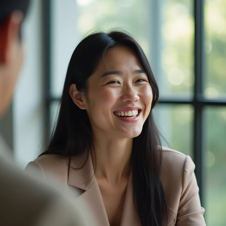 Mulher asiático-brasileira ouvindo cliente em videochamada.