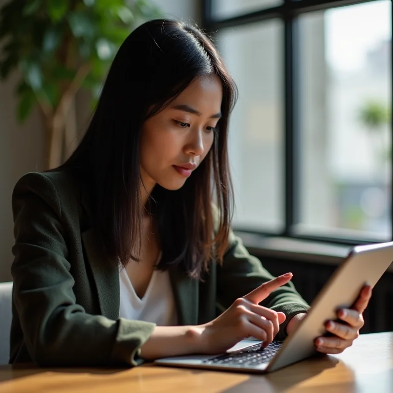 Mulher asiático-brasileira personalizando e-mail em tablet