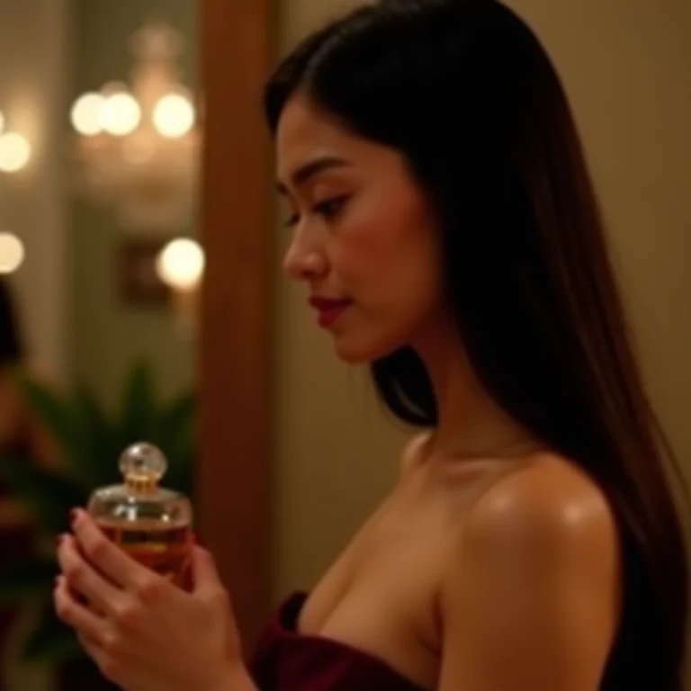 Mulher asiático-brasileira se perfumando antes de sair para uma festa