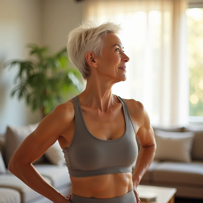 Mulher asiático-brasileira sênior se alongando em casa