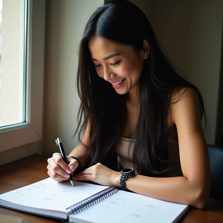 Mulher asiático-brasileira sorrindo enquanto planeja seus investimentos em um planner.