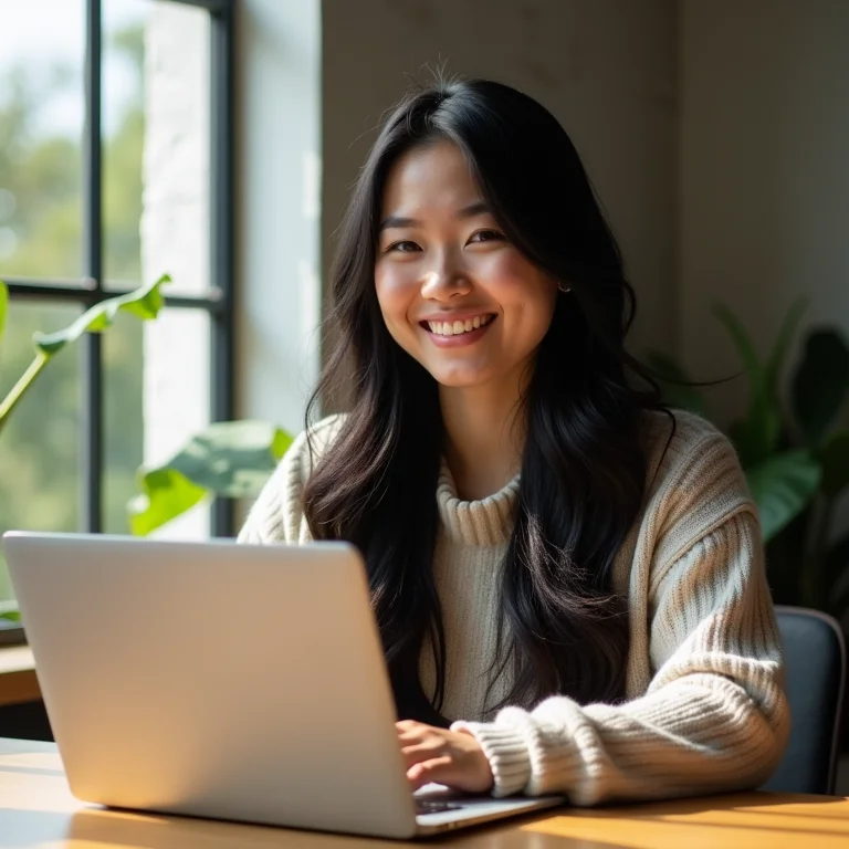 Mulher asiático-brasileira sorrindo enquanto usa um laptop em um espaço de co-working.