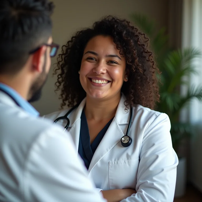 Mulher branca conversando com médico sobre terapia gênica.