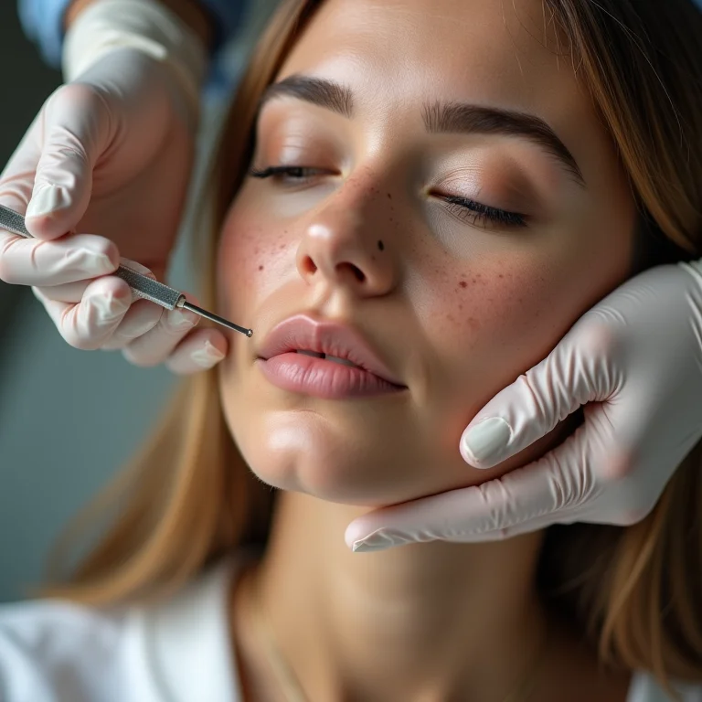Mulher branca recebendo tratamento de microagulhamento