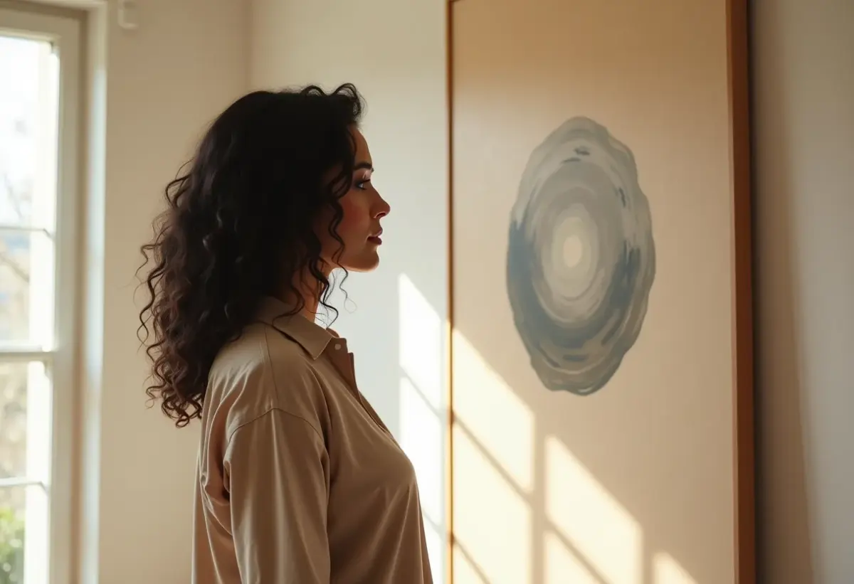 Mulher brasileira admirando arte conceitual em galeria.