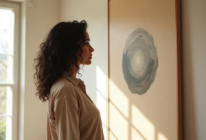 Mulher brasileira admirando arte conceitual em galeria.