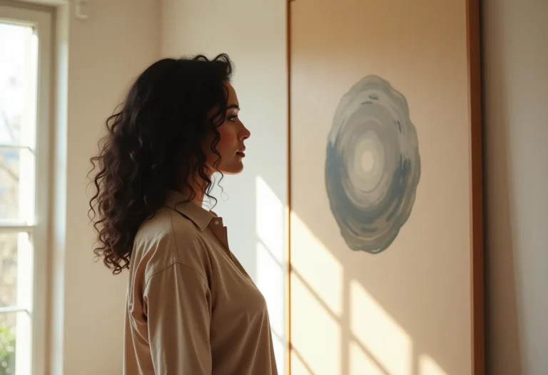 Mulher brasileira admirando arte conceitual em galeria.