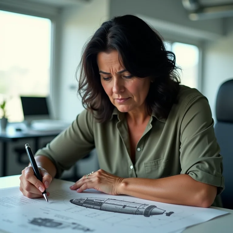 Mulher brasileira analisando diagrama de destroços espaciais no oceano.