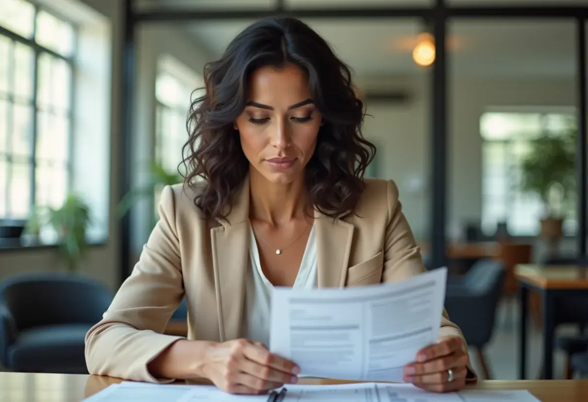 Mulher brasileira analisando documentos financeiros.