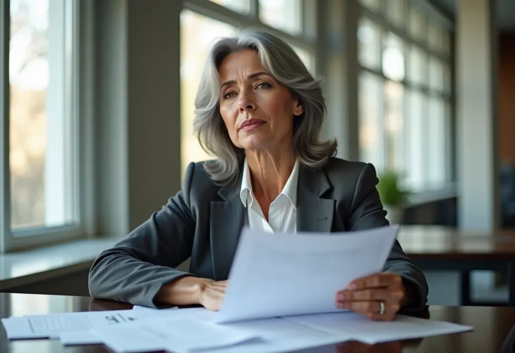 Mulher brasileira confiante analisando documentos financeiros.