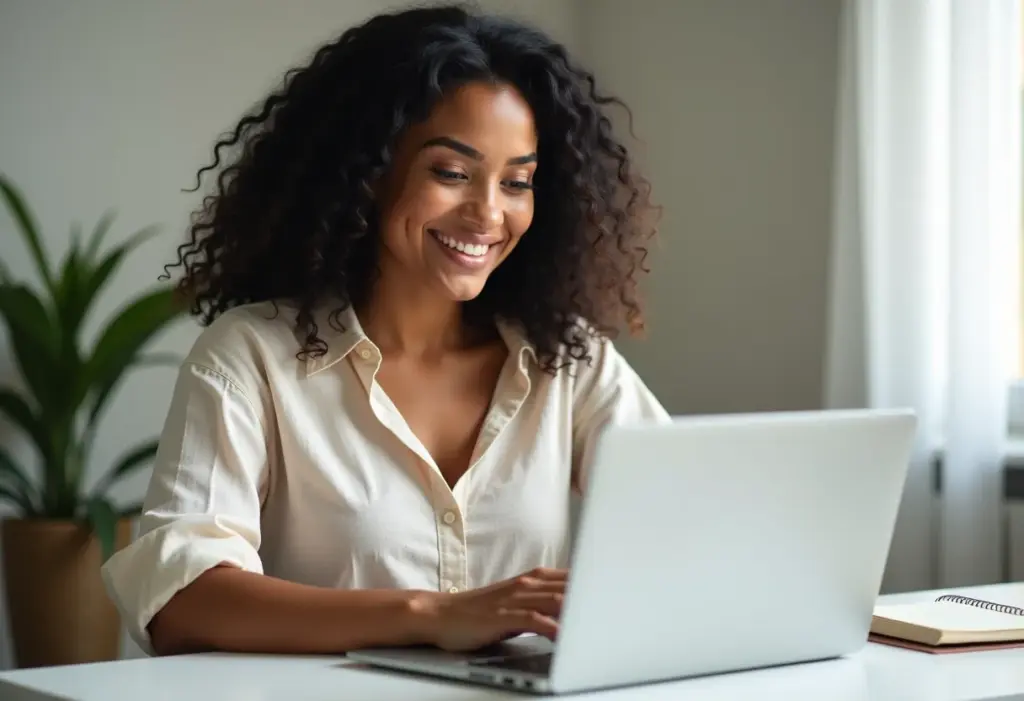 Mulher brasileira confiante analisando produto digital.