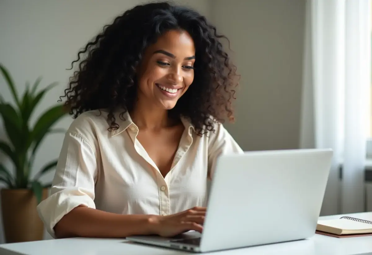Mulher brasileira confiante analisando produto digital.