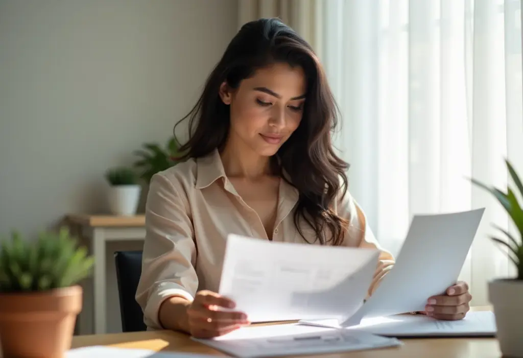 Mulher brasileira confiante gerenciando finanças do Simples Nacional.