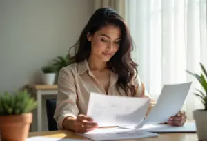 Mulher brasileira confiante gerenciando finanças do Simples Nacional.