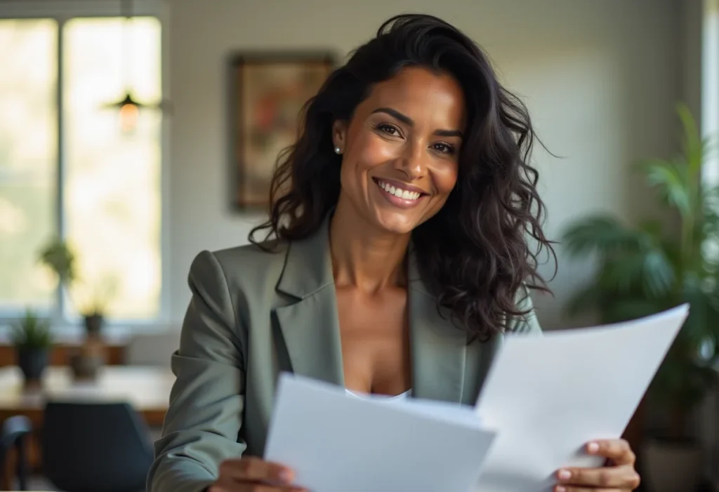 Mulher brasileira confiante gerenciando suas finanças