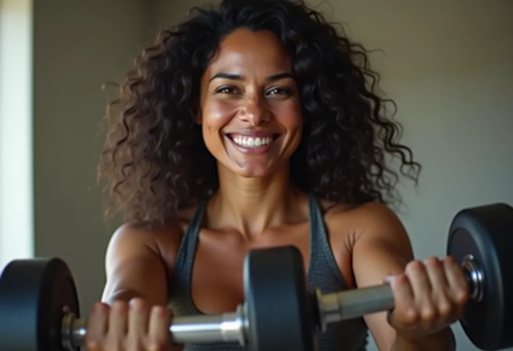 Mulher brasileira confiante treinando com halteres em casa