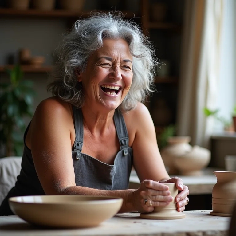 Mulher brasileira de meia-idade aprendendo cerâmica
