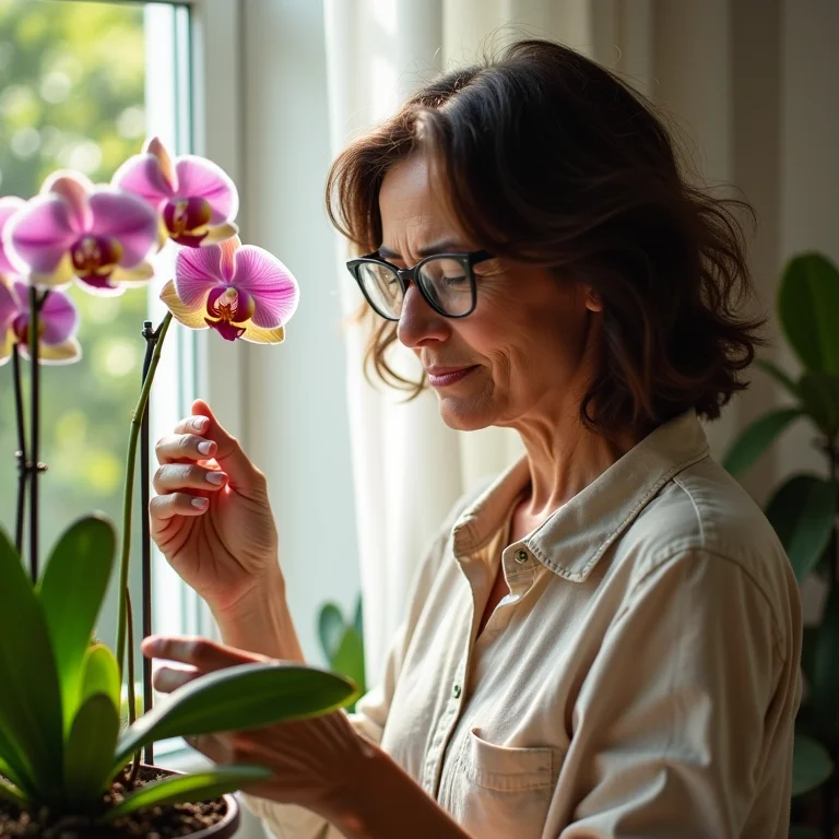 Mulher brasileira examinando folhas de orquídea em busca de pragas