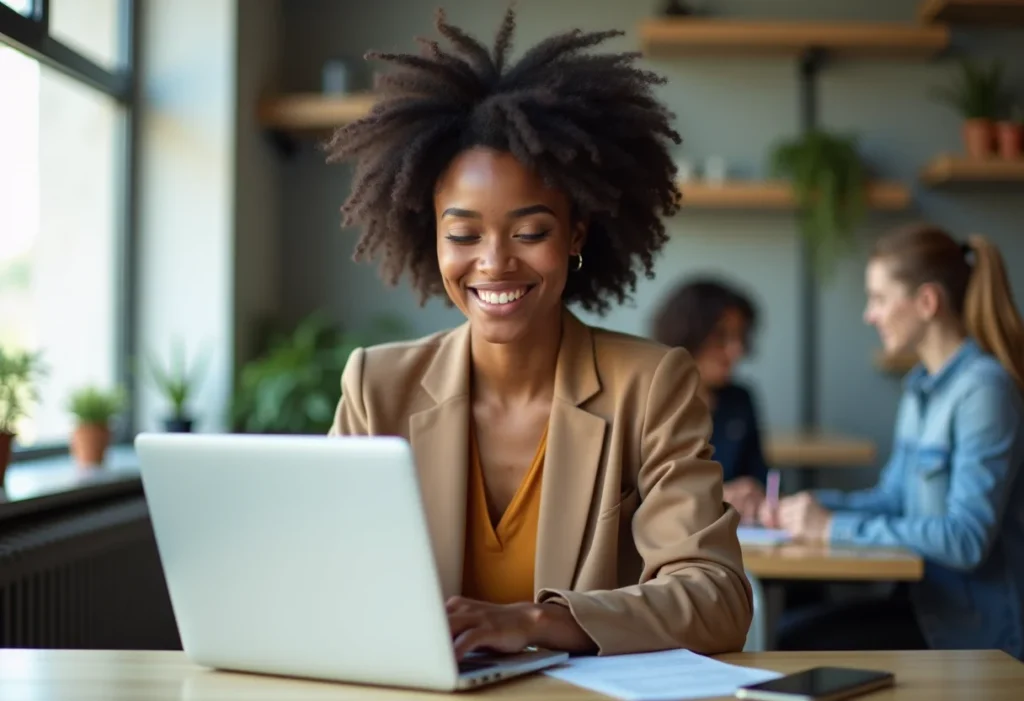 Mulher brasileira jovem e confiante trabalhando em um laptop