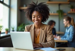 Futuro do trabalho: Empreendedorismo é a chave para prosperar? Mulher brasileira jovem e confiante trabalhando em um laptop