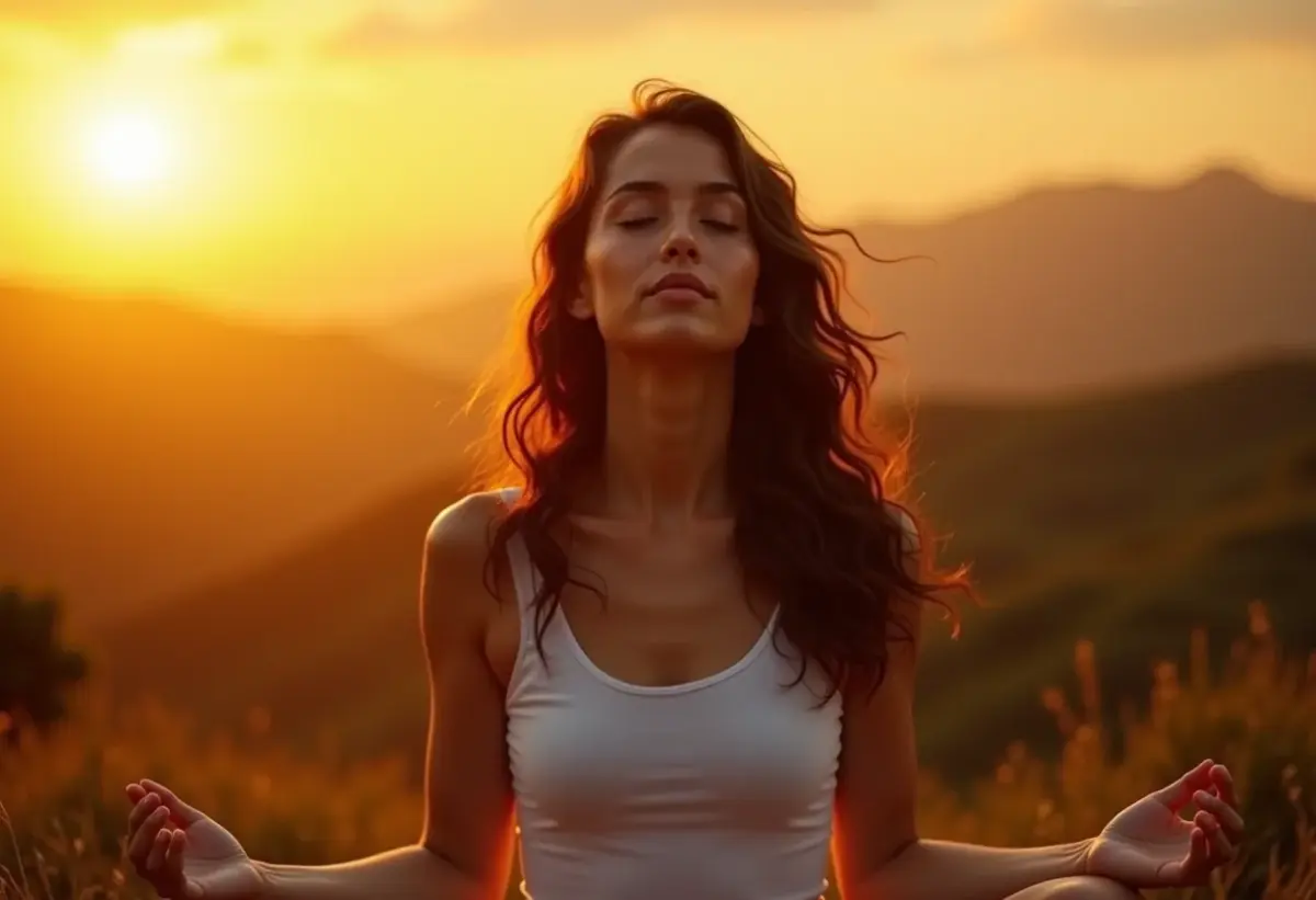 Mulher brasileira meditando ao nascer do sol