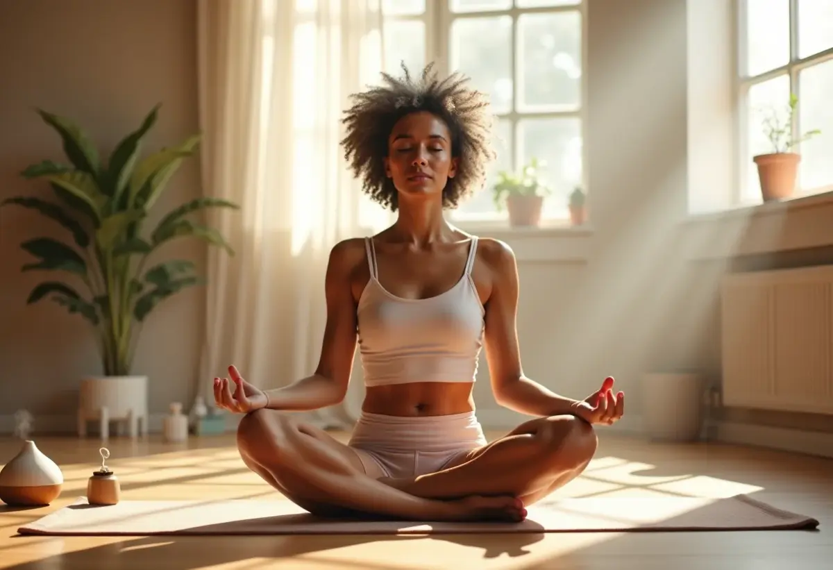 Mulher brasileira meditando com óleos essenciais