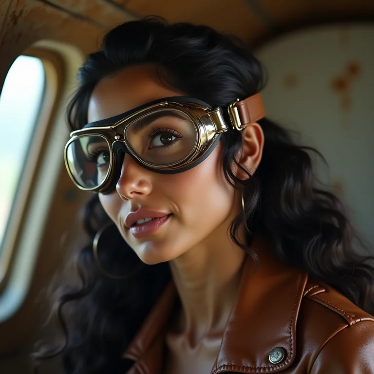 Mulher brasileira morena com réplica do paraquedas de Veranzio