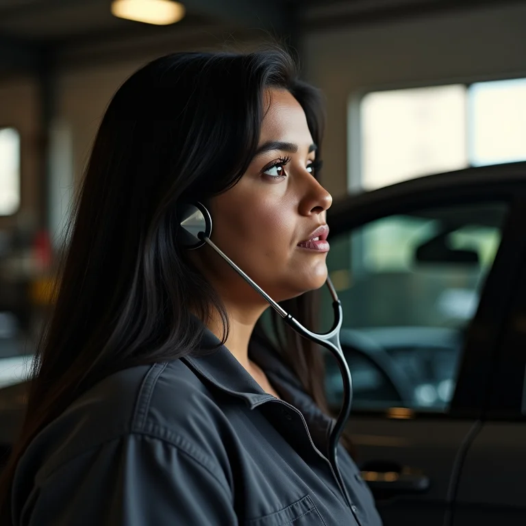Mulher brasileira plus-size ouvindo ruídos do motor com estetoscópio