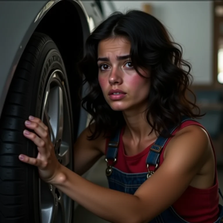 Mulher brasileira preocupada inspecionando freio de carro