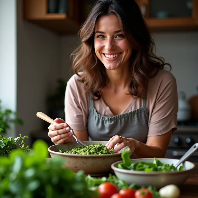 Mulher brasileira preparando molho pesto com folhas diferentes.