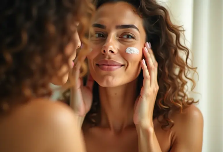 Mulher brasileira radiante aplicando sérum probiótico no rosto