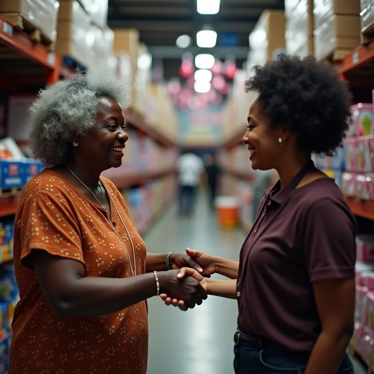 Mulher brasileira sênior apertando a mão de fornecedor de artigos de festa.