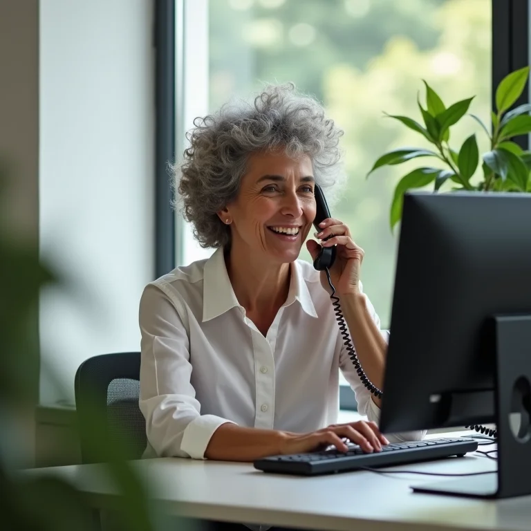 Mulher brasileira sênior atendendo cliente ao telefone com um sorriso.
