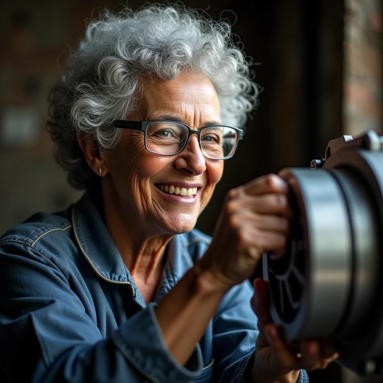 Mulher brasileira sênior inspecionando pistão desgastado
