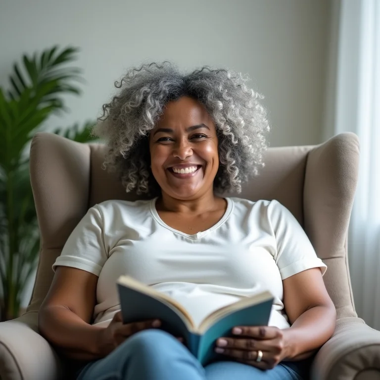Mulher brasileira sentada em sala de espera de clínica estética.