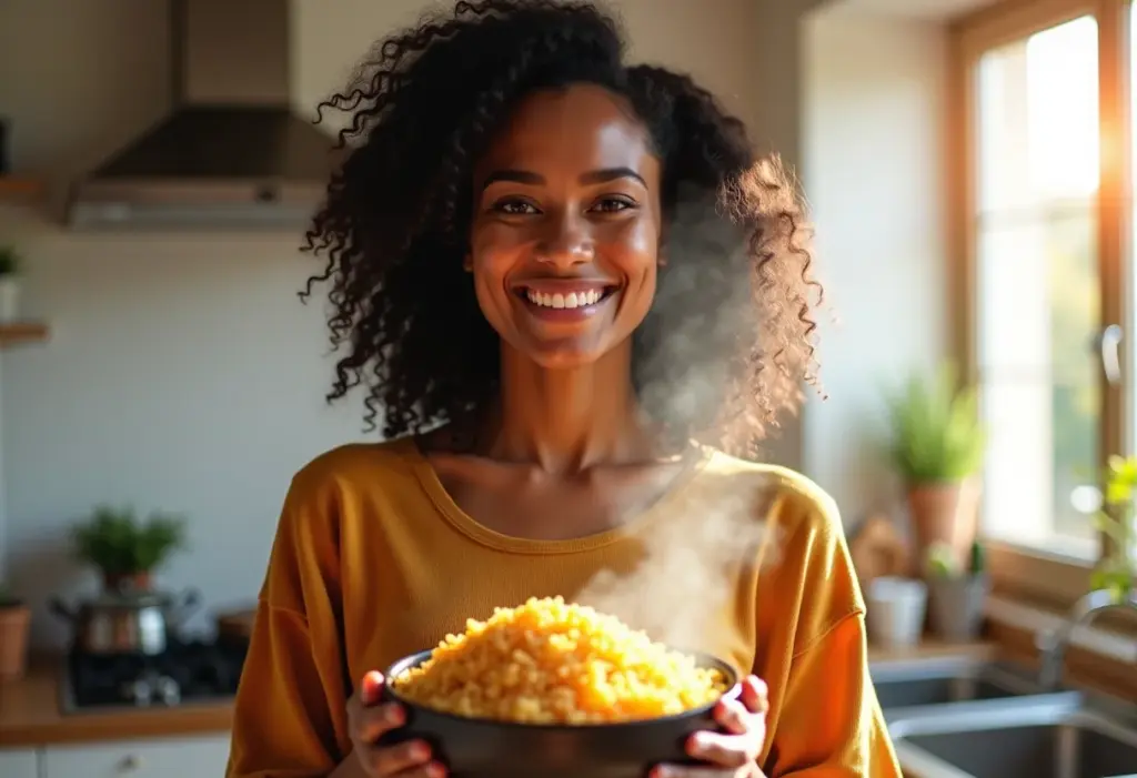 Mulher brasileira sorrindo com tigela de arroz colorido