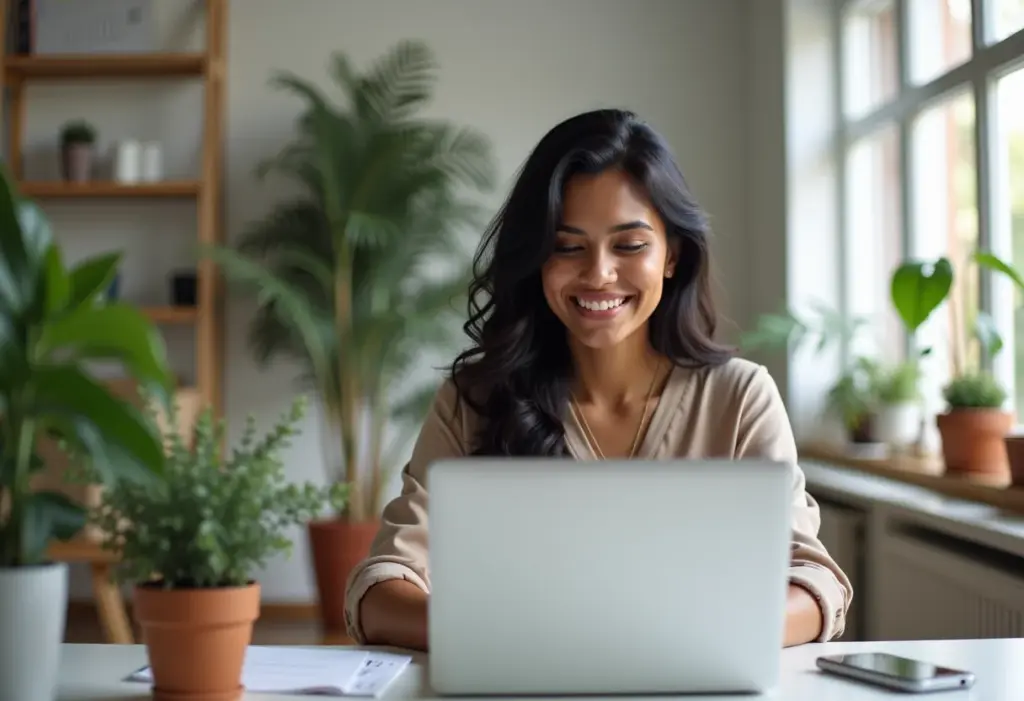 Mulher brasileira sorrindo em frente ao computador, trabalhando como MEI em consultoria de TI