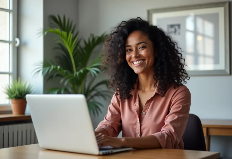 Mulher brasileira sorrindo em frente ao laptop, home office moderno