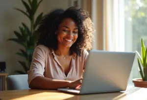Mulher brasileira sorrindo em frente ao notebook, trabalhando como MEI.