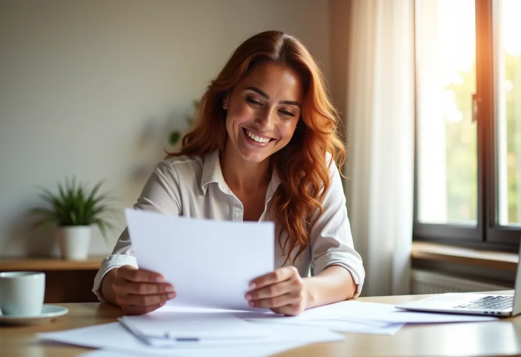 Mulher brasileira sorrindo em home office, analisando documentos de MEI.