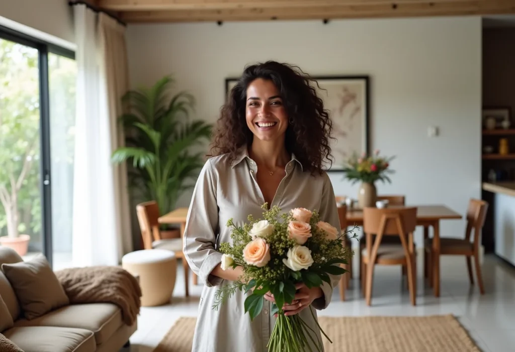 Mulher brasileira sorrindo em sala de jantar e estar integradas com decoração clean