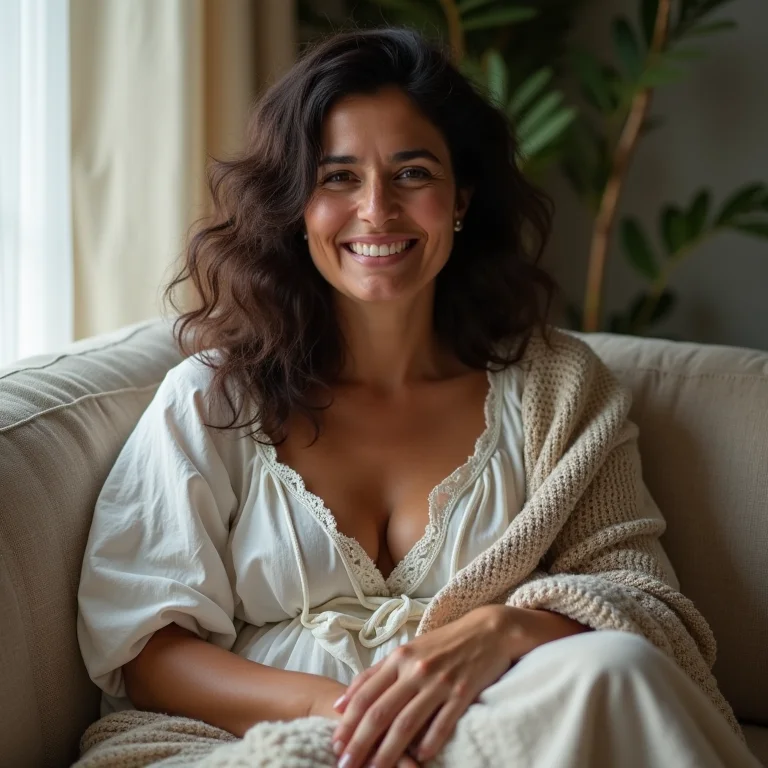 Mulher brasileira sorrindo em sofá texturizado