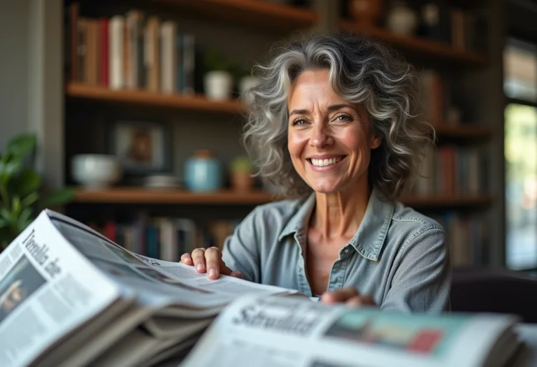 Mulher brasileira sorrindo em sua banca de jornal.