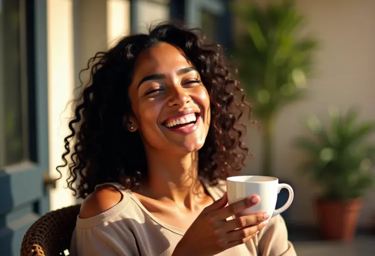 Mulher brasileira sorrindo em varanda ensolarada, transmitindo felicidade e bem-estar