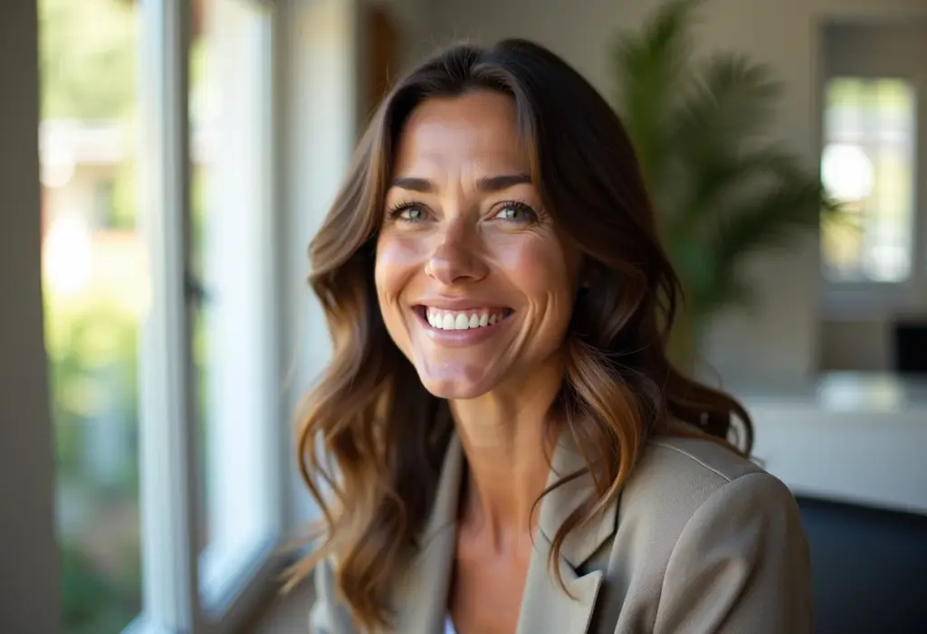 Mulher brasileira sorrindo em videochamada